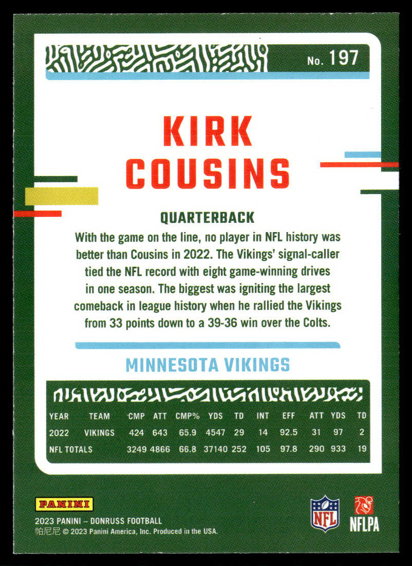 2023 Donruss #197 Kirk Cousins Press Proof Blue  Krazy King Collectibles LLC   