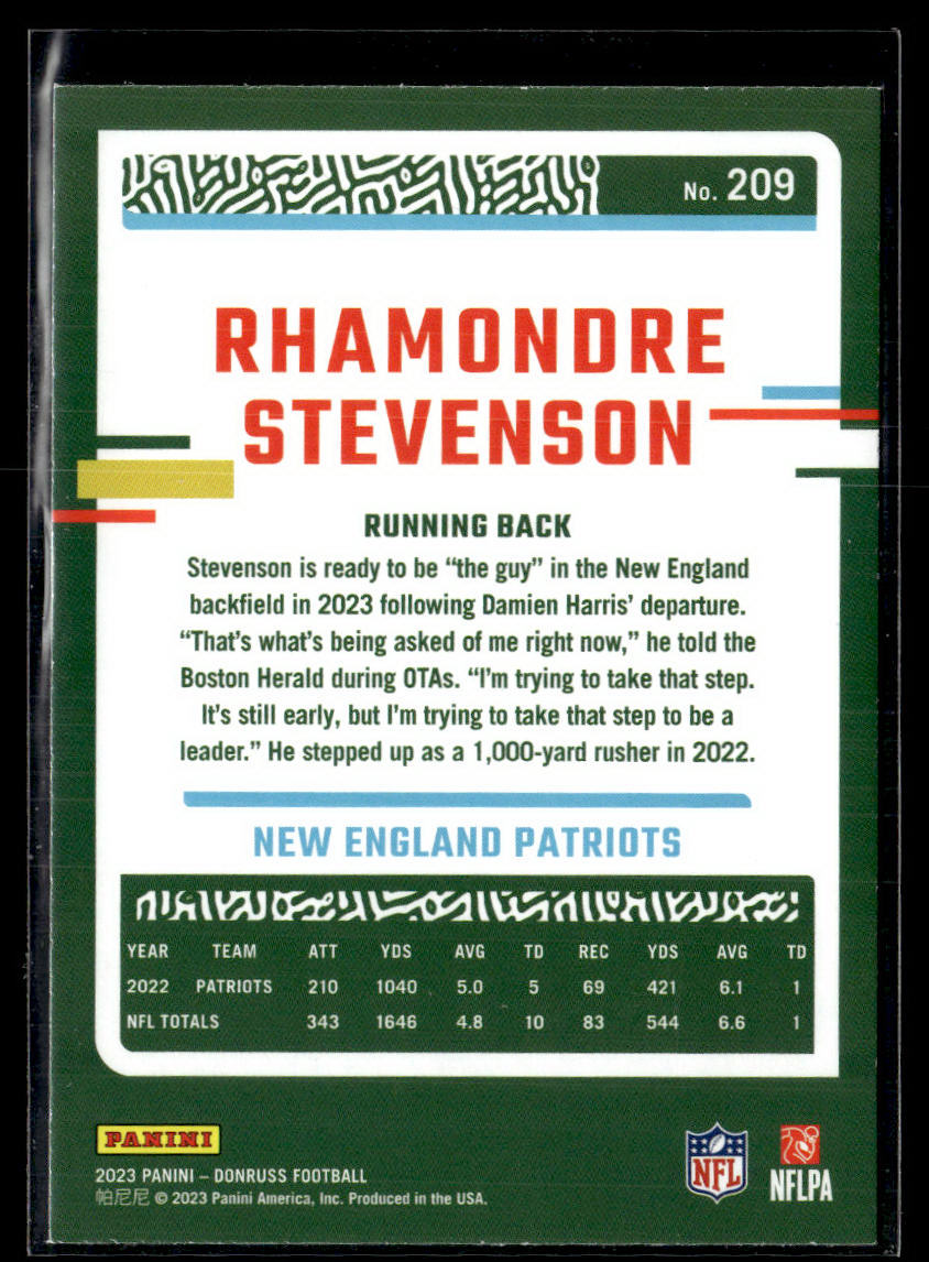 2023 Donruss #209 Rhamondre Stevenson Press Proof Green  Krazy King Collectibles LLC   