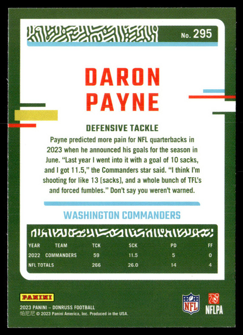 2023 Donruss - Rated Rookie Autographs #295 Daron Payne Press Proof Blue  Krazy King Collectibles LLC   