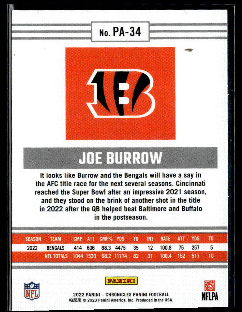 2022 Panini Chronicles #PA-34 Joe Burrow Panini  Krazy King Collectibles LLC   