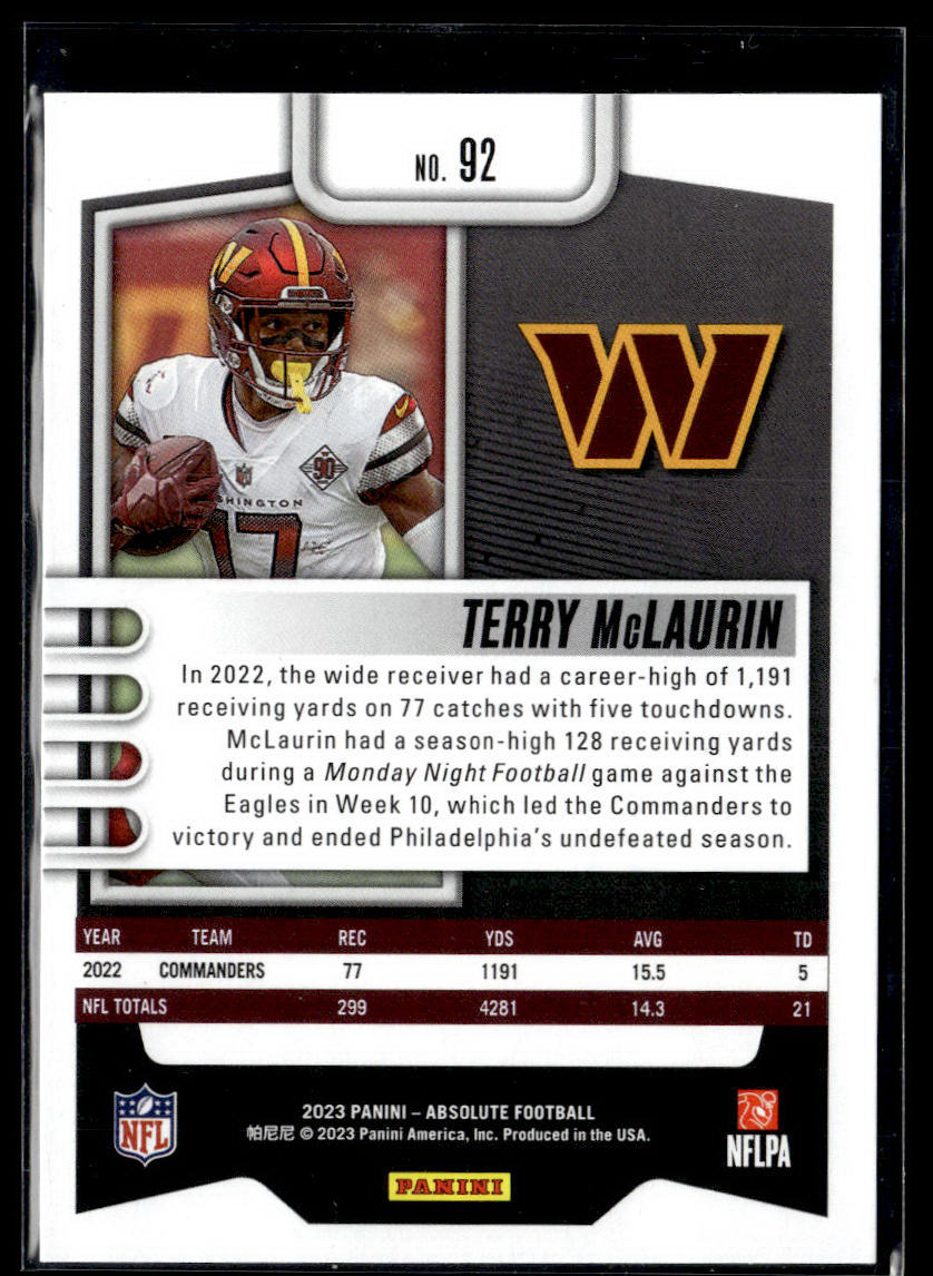 2023 Panini Absolute - Red #92 Terry McLaurin Green  Krazy King Collectibles LLC   