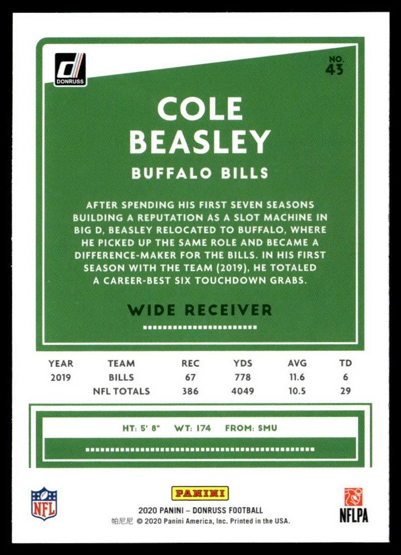 2020 Donruss #43 Cole Beasley Press Proof Blue  Krazy King Collectibles LLC   