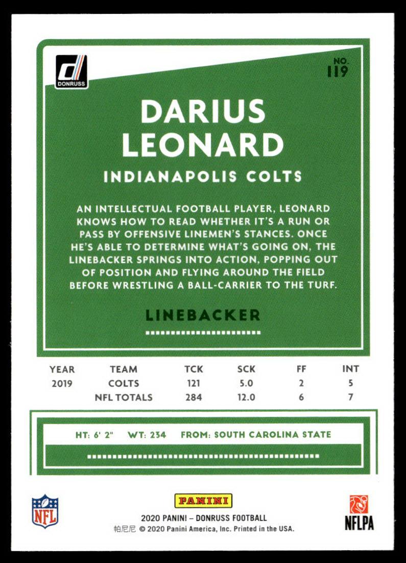 2020 Donruss #119 Darius Leonard Press Proof Blue  Krazy King Collectibles LLC   