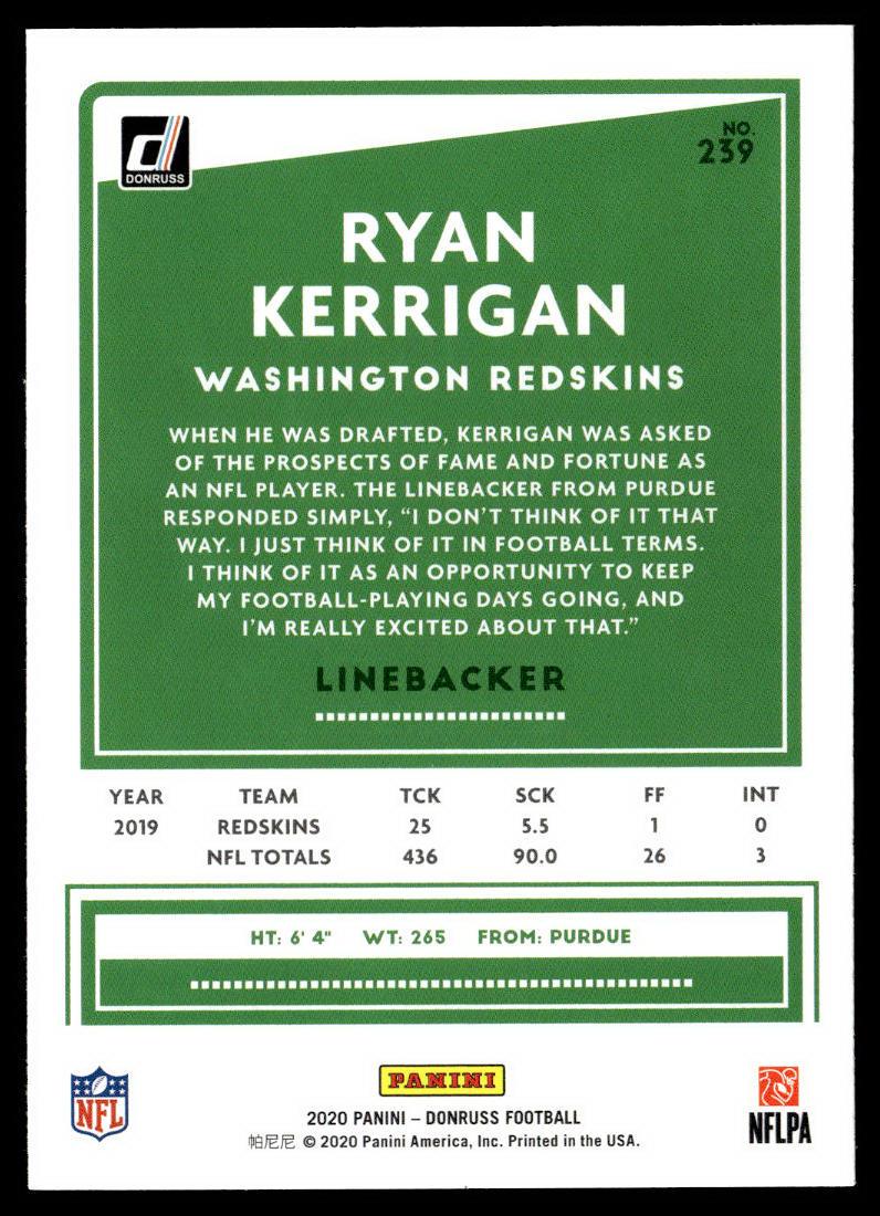 2020 Donruss #239 Ryan Kerrigan Press Proof Blue  Krazy King Collectibles LLC   