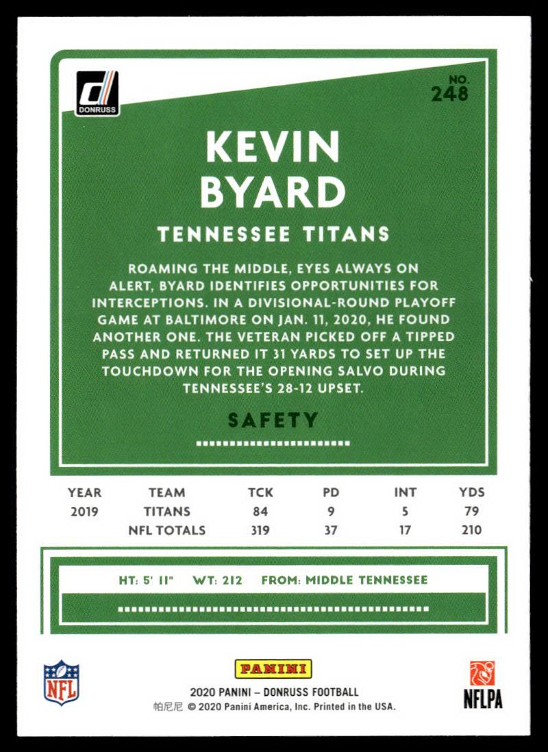 2020 Donruss #248 Kevin Byard Press Proof Blue  Krazy King Collectibles LLC   