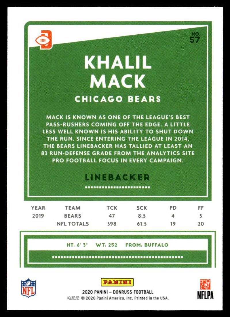 2020 Donruss #57b Khalil Mack Press Proof Blue Orange jersey  Krazy King Collectibles LLC   