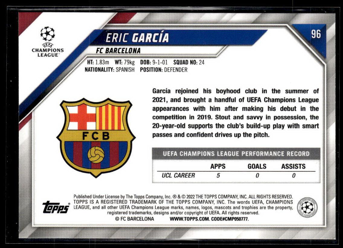 2021-22 Topps UEFA Champions League #96 Eric García Sparkle Foil  Krazy King Collectibles LLC   