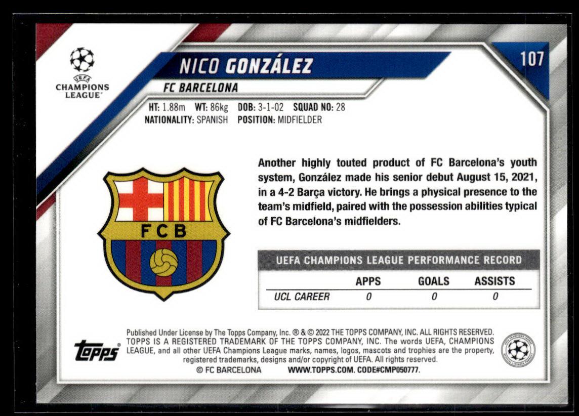 2021-22 Topps UEFA Champions League #107 Nico González  Krazy King Collectibles LLC   