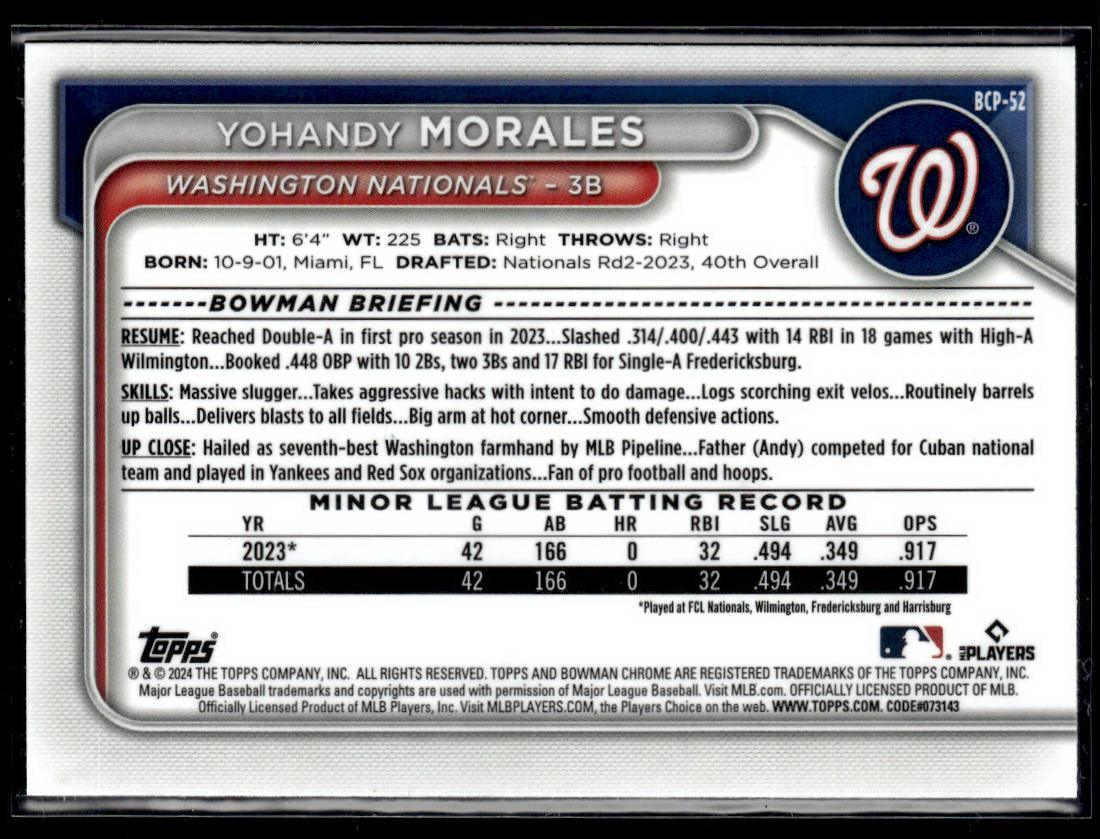 2024 Bowman #BCP-52 Yohandy Morales Chrome Prospects Mojo Refractors  Krazy King Collectibles LLC   