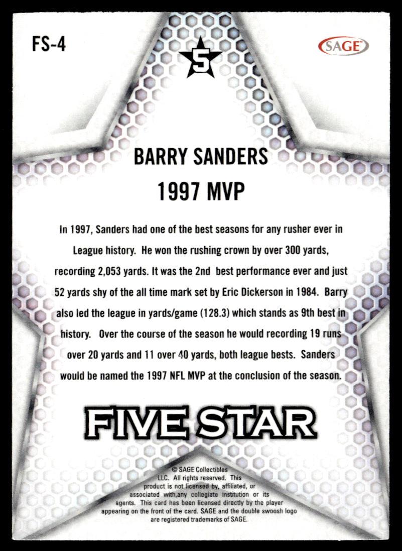 2024 SAGE HIT #FS-4 Barry Sanders Five Star Silver  Krazy King Collectibles LLC   