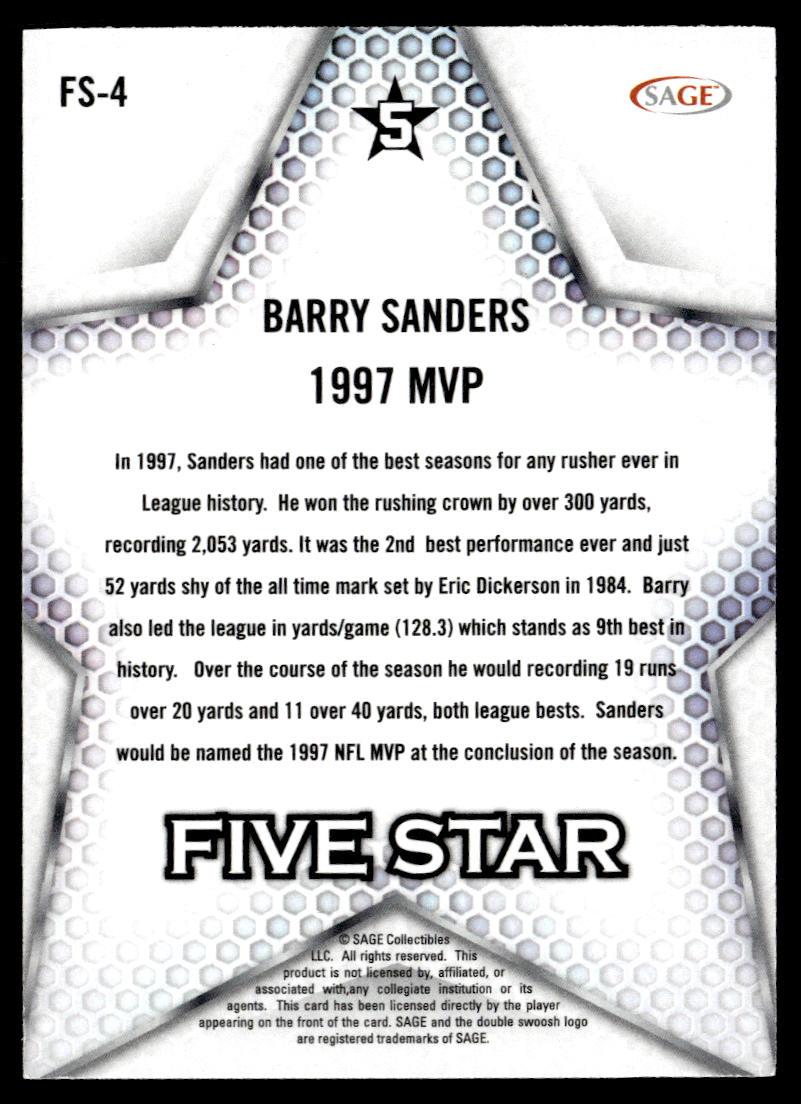 2024 SAGE HIT #FS-4 Barry Sanders Five Star  Krazy King Collectibles LLC   