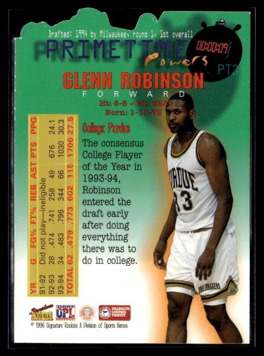 1996 Signature Rookies Premier #PT3 Glenn Robinson Primetime Powers  Krazy King Collectibles LLC   