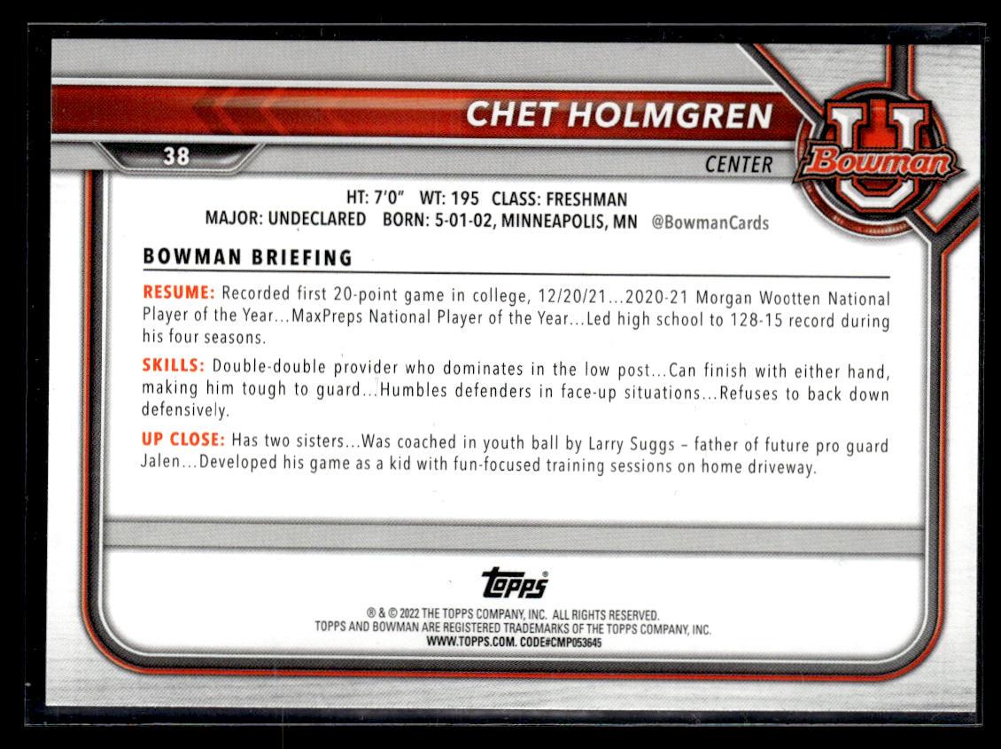 2021-22 Bowman University #38 Chet Holmgren  Krazy King Collectibles LLC   