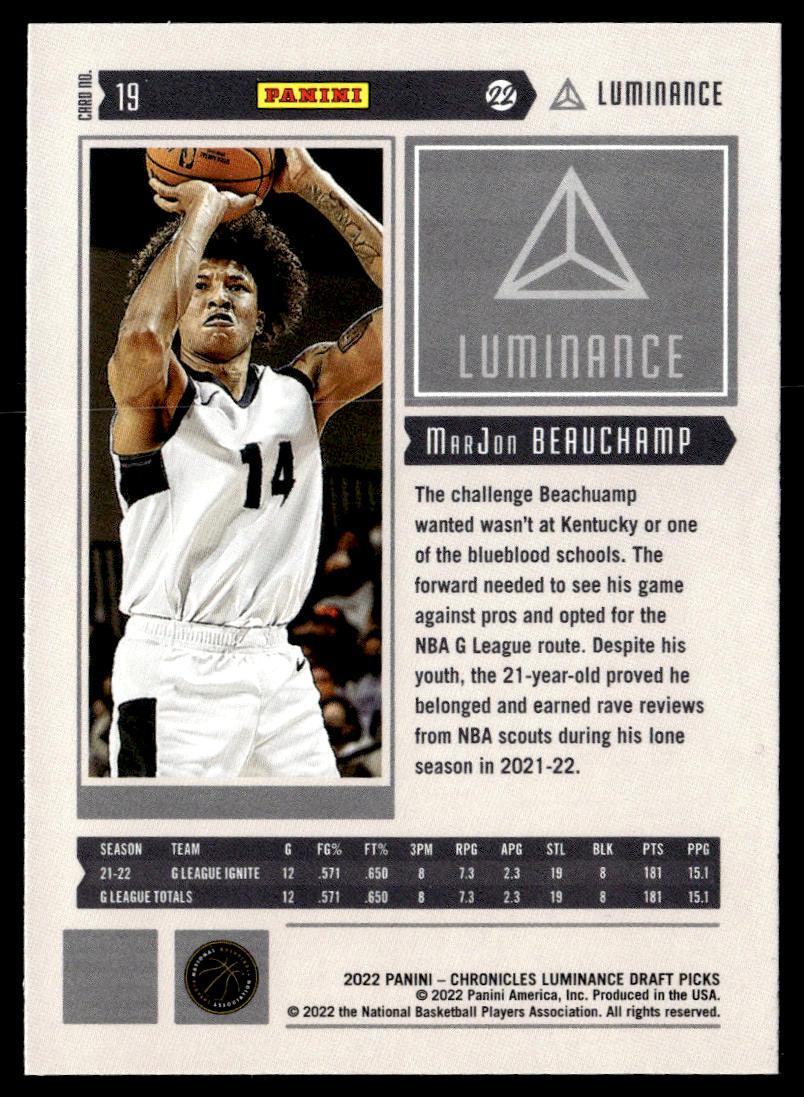 2022 Panini Chronicles Draft Picks #19 MarJon Beauchamp Luminance  Krazy King Collectibles LLC   