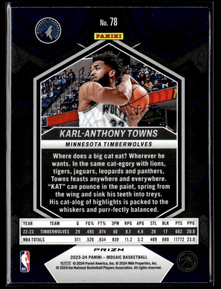 2023-24 Panini Mosaic #78 Karl-Anthony Towns Reactive Blue  Krazy King Collectibles LLC   