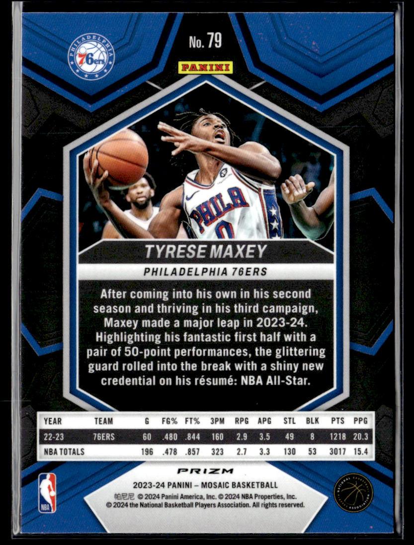 2023-24 Panini Mosaic #79 Tyrese Maxey Reactive Blue  Krazy King Collectibles LLC   