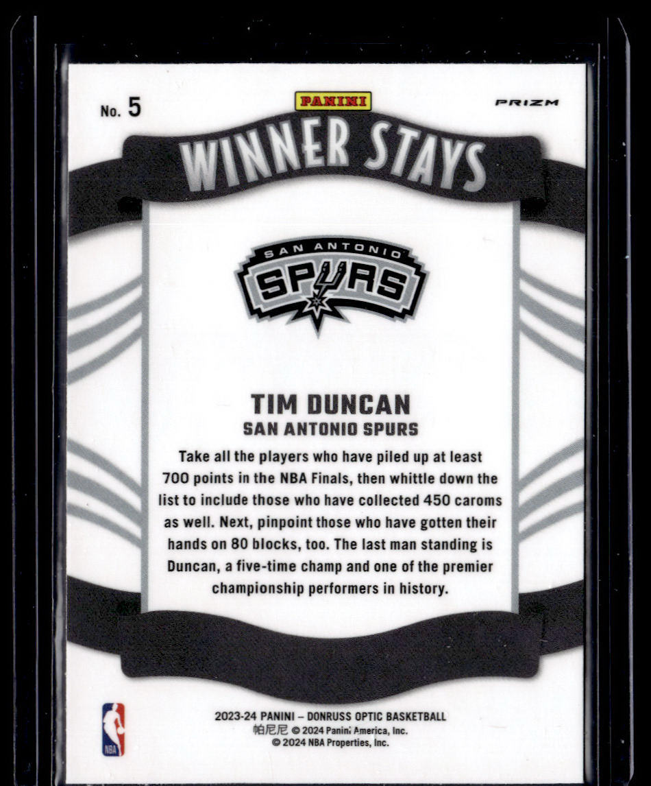 2023-24 Donruss Optic #5 Tim Duncan Winner Stays Holo  Krazy King Collectibles LLC   