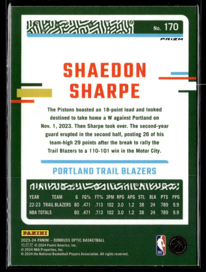 2023-24 Donruss Optic #170 Shaedon Sharpe Purple  Krazy King Collectibles LLC   