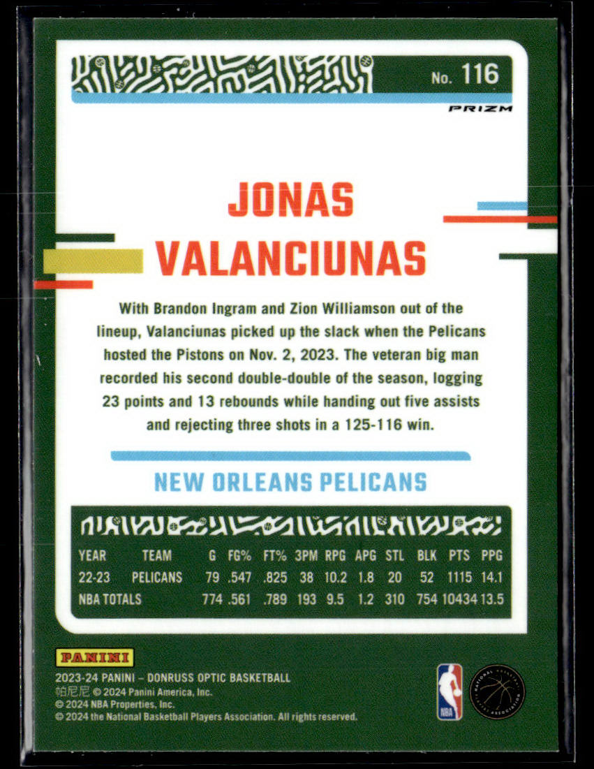 2023-24 Donruss Optic #116 Jonas Valanciunas Purple  Krazy King Collectibles LLC   