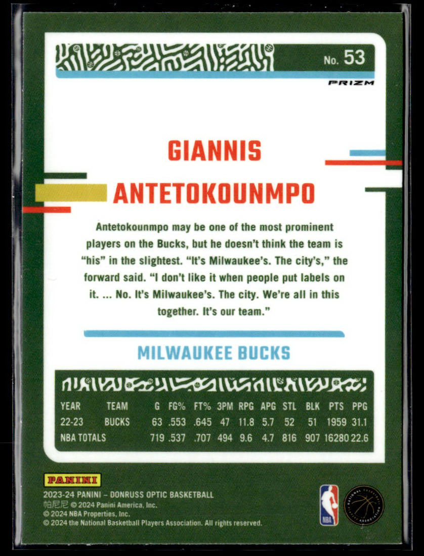 2023-24 Donruss Optic #53 Giannis Antetokounmpo Purple  Krazy King Collectibles LLC   