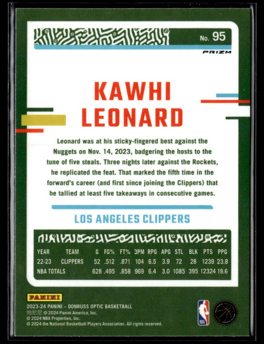 2023-24 Donruss Optic #95 Kawhi Leonard Holo  Krazy King Collectibles LLC   