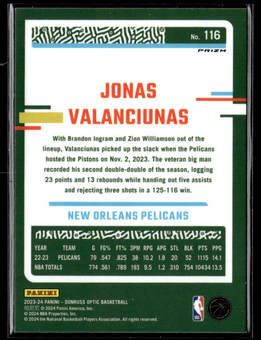 2023-24 Donruss Optic #116 Jonas Valanciunas Holo  Krazy King Collectibles LLC   