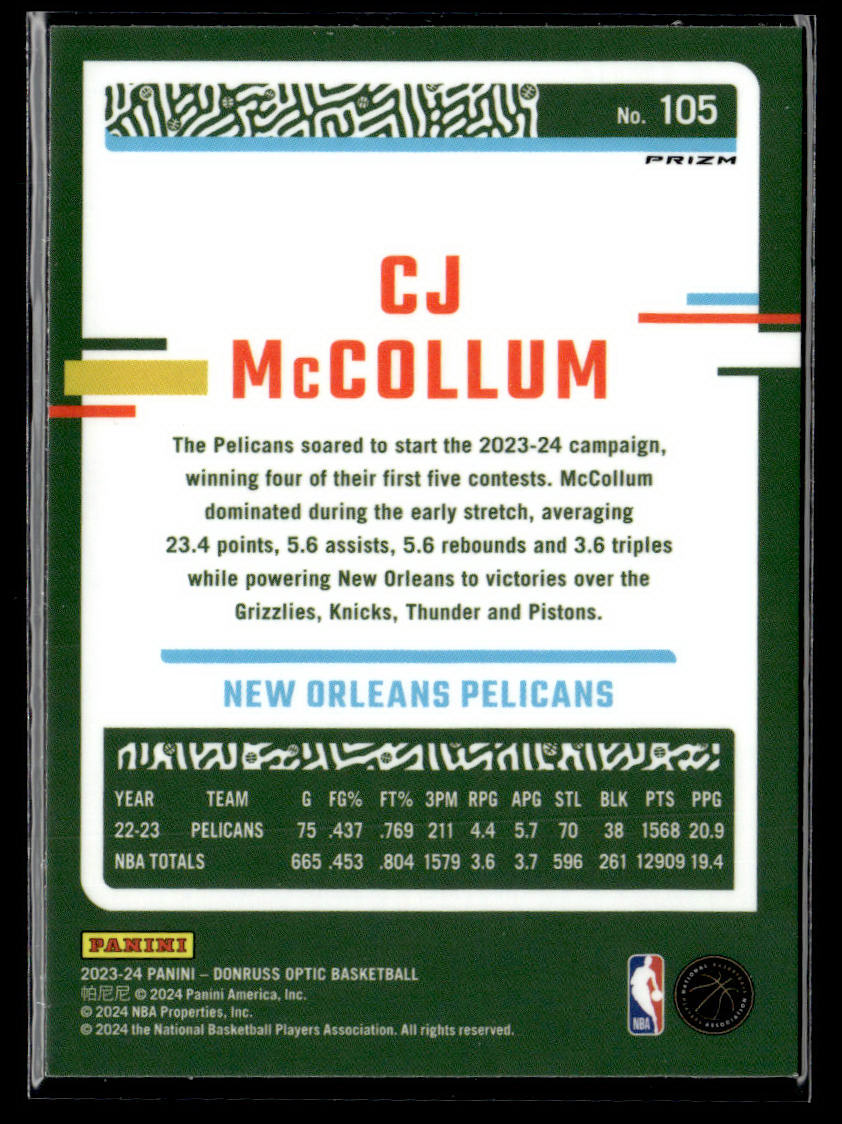 2023-24 Donruss Optic #105 CJ McCollum Holo  Krazy King Collectibles LLC   