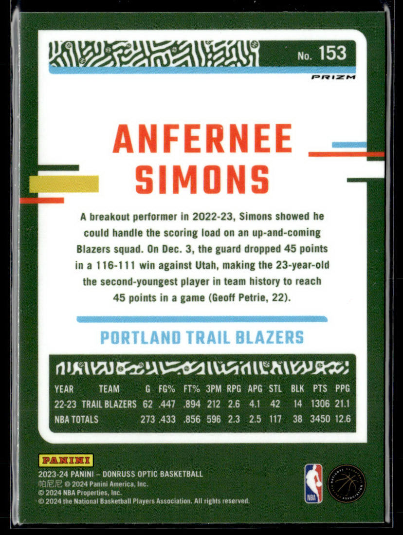 2023-24 Donruss Optic #153 Anfernee Simons Holo  Krazy King Collectibles LLC   