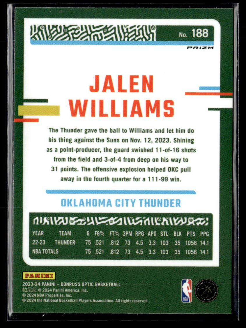 2023-24 Donruss Optic #188 Jalen Williams Holo  Krazy King Collectibles LLC   