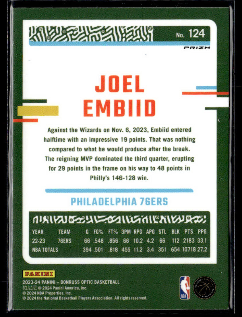 2023-24 Donruss Optic #124 Joel Embiid Blue Velocity  Krazy King Collectibles LLC   