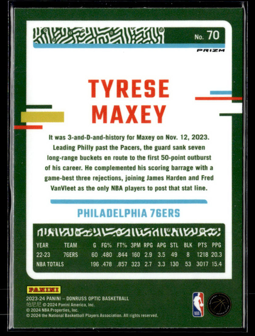 2023-24 Donruss Optic #70 Tyrese Maxey Blue Velocity  Krazy King Collectibles LLC   