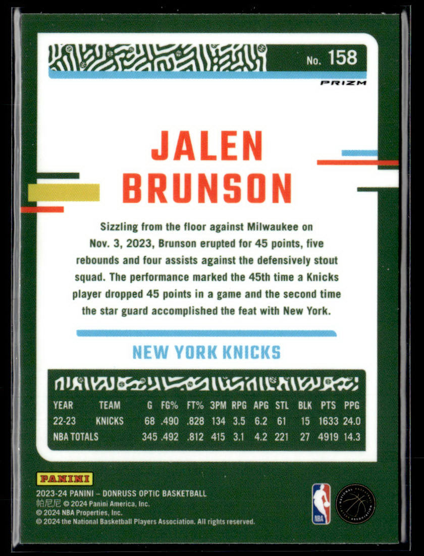 2023-24 Donruss Optic #158 Jalen Brunson Blue Velocity  Krazy King Collectibles LLC   