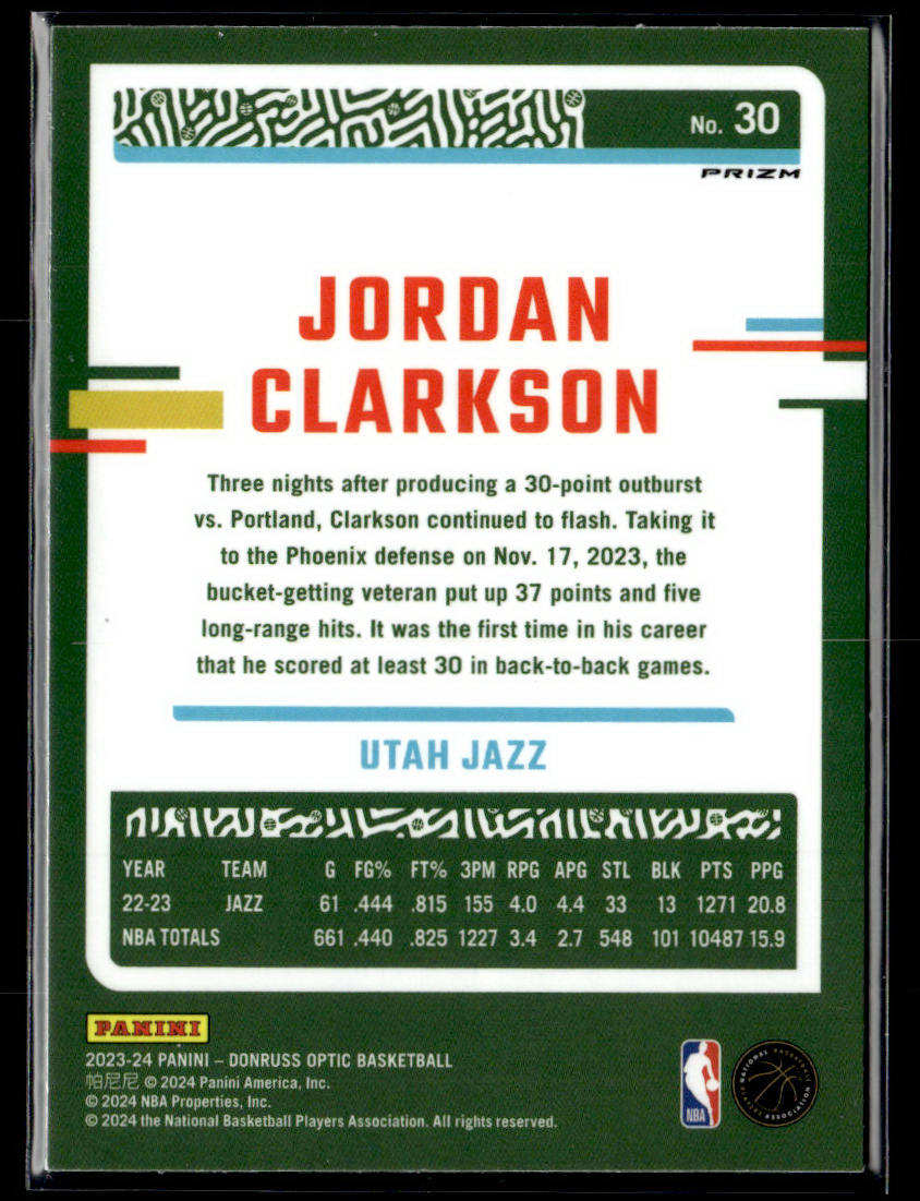 2023-24 Donruss Optic #30 Jordan Clarkson Blue Velocity  Krazy King Collectibles LLC   