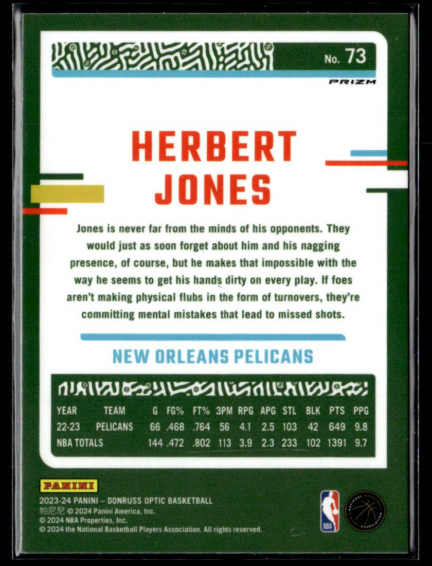 2023-24 Donruss Optic #73 Herbert Jones Blue Velocity  Krazy King Collectibles LLC   