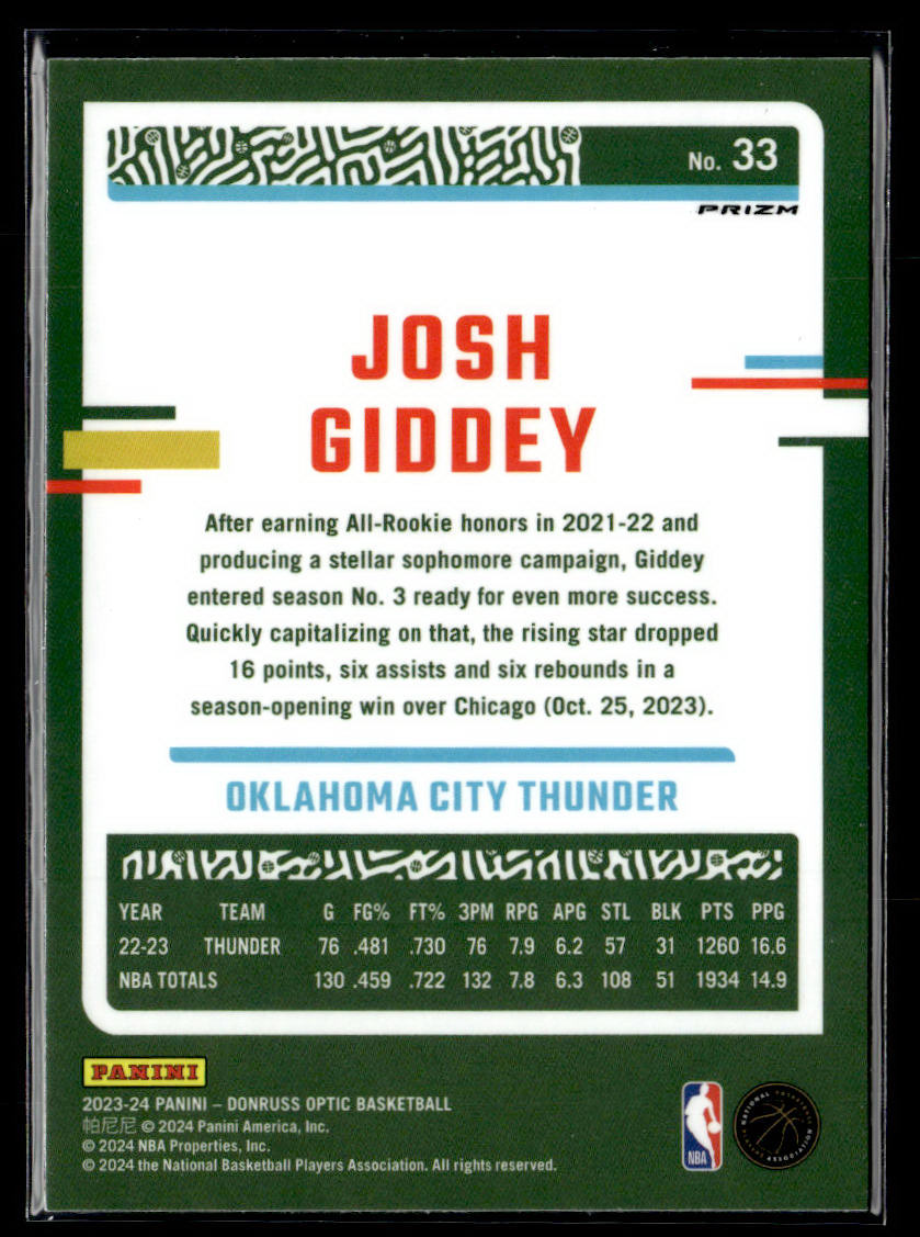 2023-24 Donruss Optic #33 Josh Giddey Blue Velocity  Krazy King Collectibles LLC   