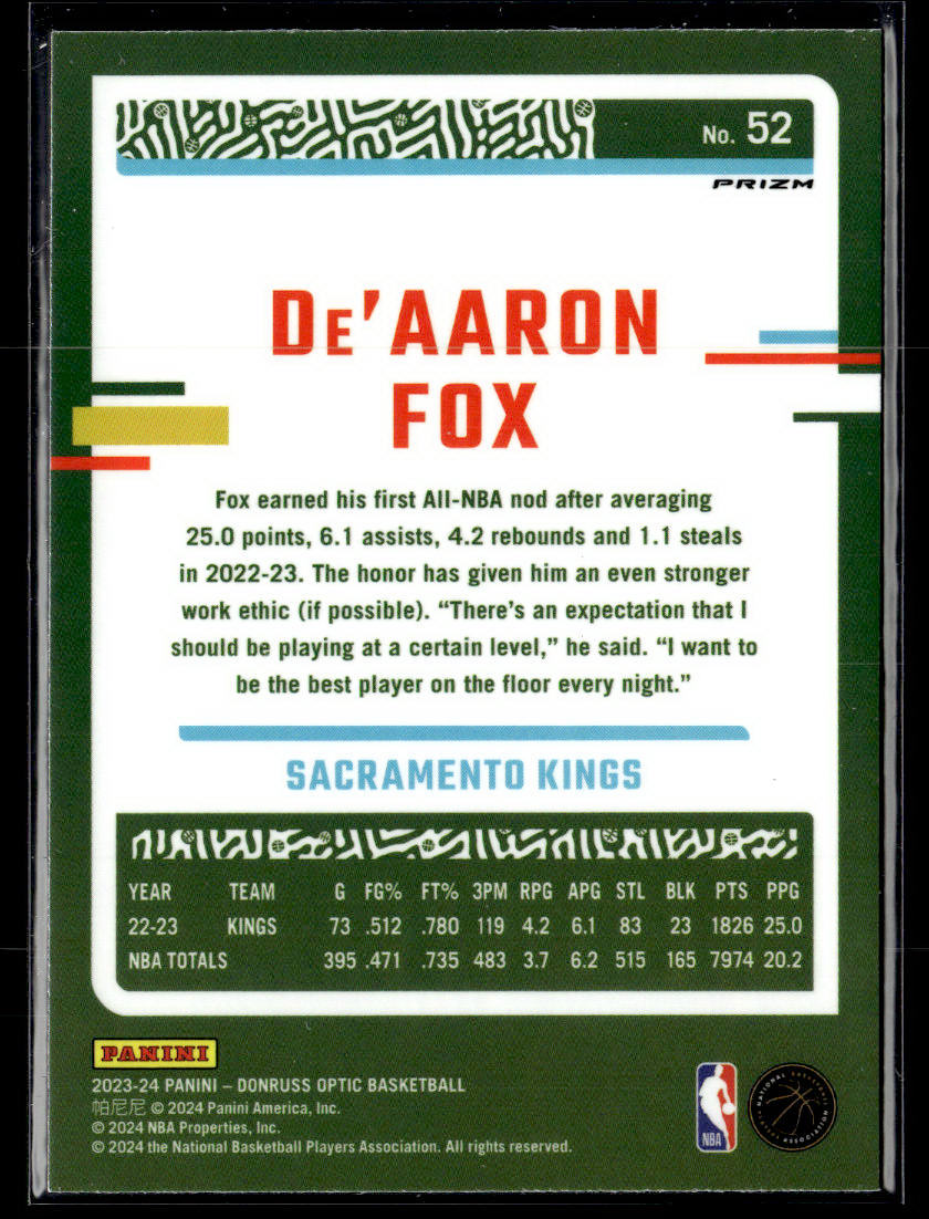 2023-24 Donruss Optic #52 De'Aaron Fox Blue Velocity  Krazy King Collectibles LLC   