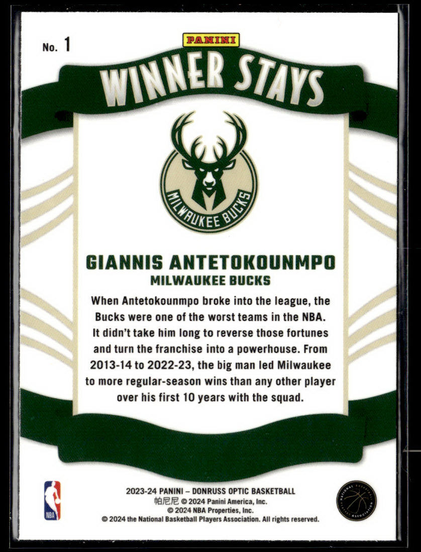 2023-24 Donruss Optic #1 Giannis Antetokounmpo Winner Stays  Krazy King Collectibles LLC   