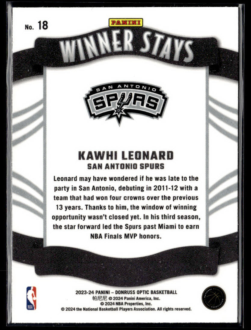 2023-24 Donruss Optic #18 Kawhi Leonard Winner Stays  Krazy King Collectibles LLC   